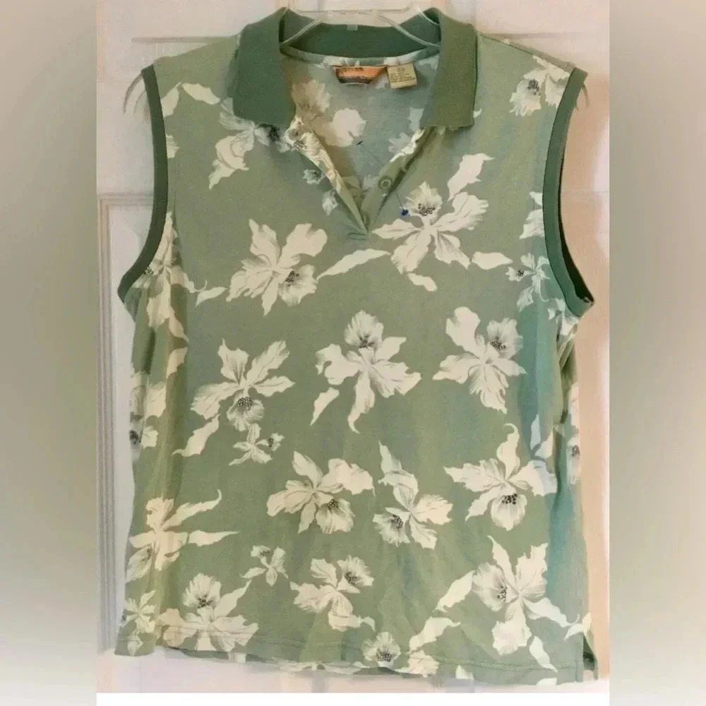 Woman BOBBY CHAN green White Silk Cotton Sleeveless Hawaiian Floral Shirt Medium